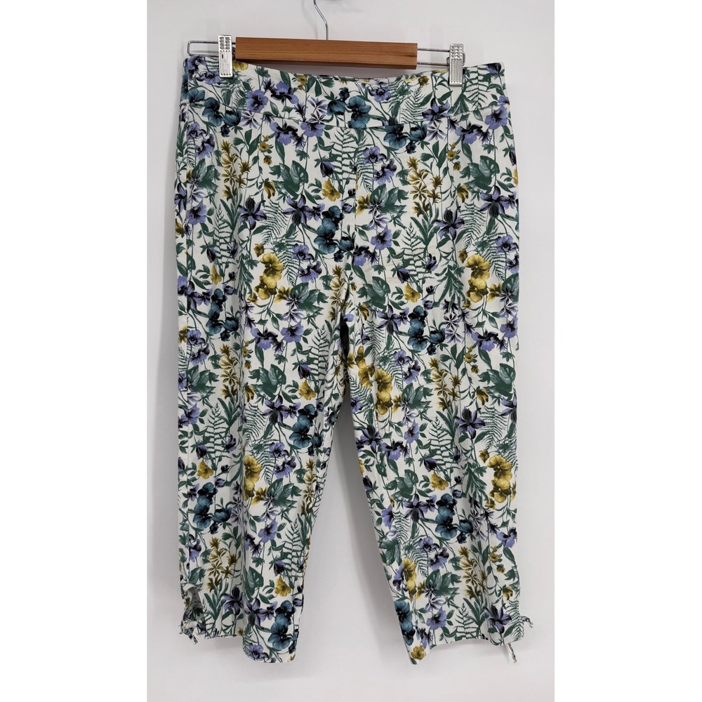 Counterparts Womens Floral Capri Pants Blue Yellow Green Stretch Sz 12